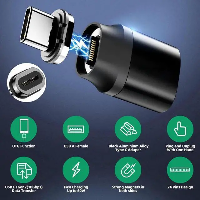 Alt view image 2 of 7 - WRIARICH 2 Pack 24Pin USB C to USB A Magnetic Adapter, 60W PD Fast Charging 10Gbps USB3.1 Gen1 Magnetic USB-C Male to USB-A Female Connector, Compatible with MacBook Pro/Air & All USB-C Devices
