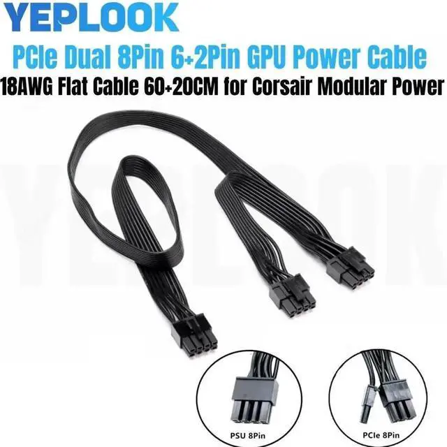 Alt view image 2 of 6 - WRIARICH For Corsair AX760 AX860 Platinum Modular PSU 8Pin to Dual 8Pin (6+2) PCIe GPU Power Cable, 18AWG Flat Cable, 60+20cm