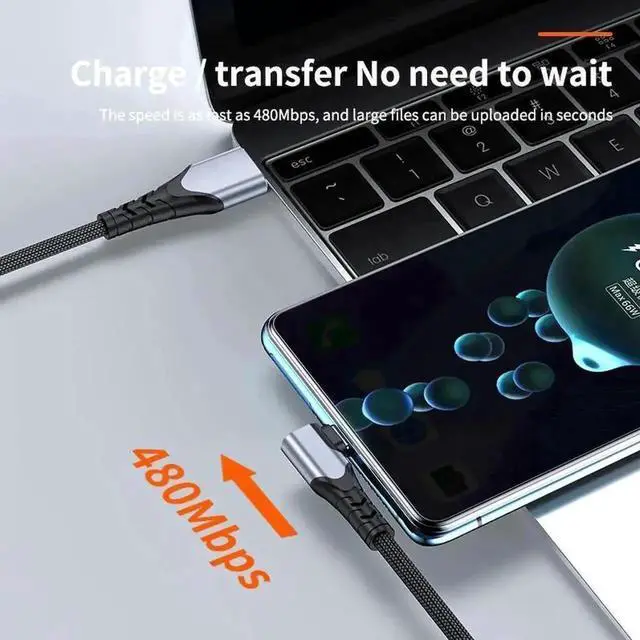 Alt view image 3 of 6 - WRIARICH 3.3FT Black Braided 90 Degree USB C to C Cable, 66W 6A Fast Charging Type-C Cord Compatible with iPhone 15 Galaxy S10 Pixel 7
