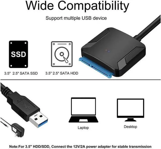 Alt view image 2 of 7 - WRIARICH USB 3.0 to SATA III Hard Drive Adapter Cable with 12V/2A Power Supply, UASP Supported Converter for 2.5" & 3.5" SATA HDD SSD
