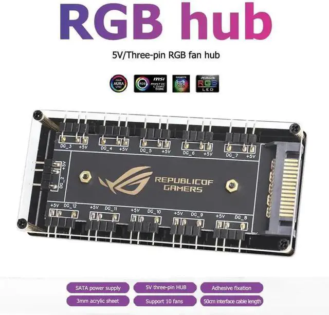 Alt view image 3 of 3 - WRIARICH 10-Port 5V 3Pin ARGB Fan Hub Splitter with SATA Power Input, RGB Lighting Extension Controller Hub for Desktop PC Case Fans