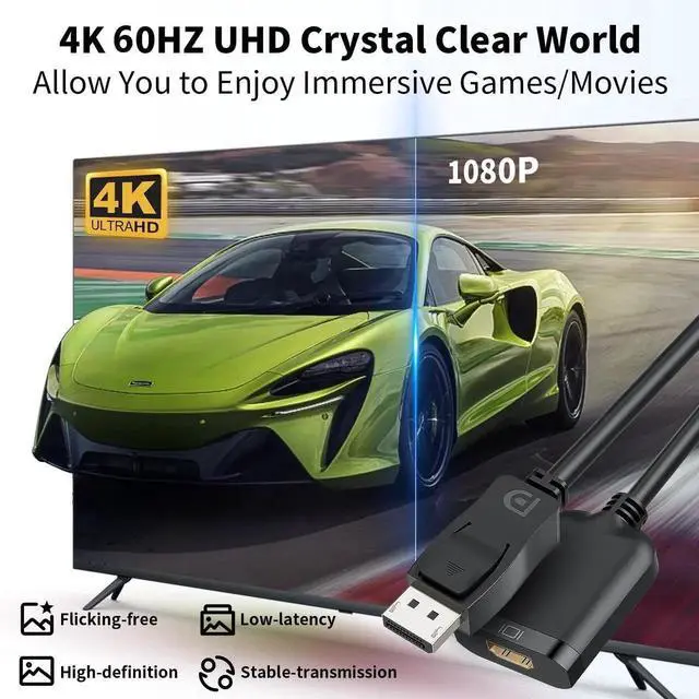 Alt view image 5 of 7 - WRIARICH Active DisplayPort to HDMI Adapter Cable, DP 1.4 to HDMI 2.0 4K Uni-Directional Converter, Male to Female Black, Compatible with Desktop, Monitor, TV, HP, AMD, NVIDIA, Lenovo, Dell