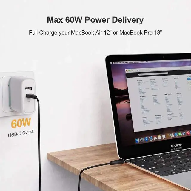 Alt view image 5 of 6 - WRIARICH 6.6FT(2M) Black USB-C to USB-C PD 60W 3A Fast Charging Cable for MacBook, Samsung Galaxy Series