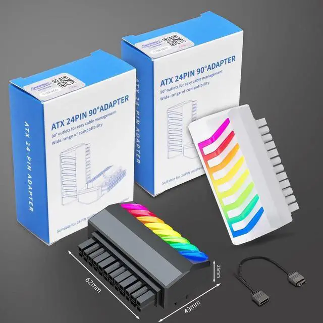 Alt view image 2 of 7 - WRIARICH 90 Degree ATX 24Pin Right Angle Power Adapter with 5V 3Pin RGB Port, Female to Male Motherboard PSU Connector, Black
