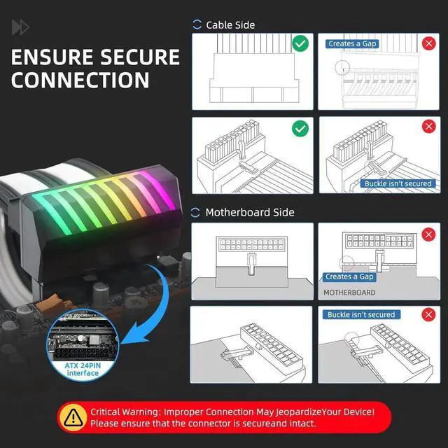 Alt view image 3 of 7 - WRIARICH 90 Degree ATX 24Pin Right Angle Power Adapter with 5V 3Pin RGB Port, Female to Male Motherboard PSU Connector, Black