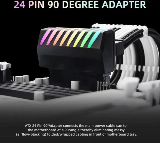 Alt view image 4 of 7 - WRIARICH 90 Degree ATX 24Pin Right Angle Power Adapter with 5V 3Pin RGB Port, Female to Male Motherboard PSU Connector, Black