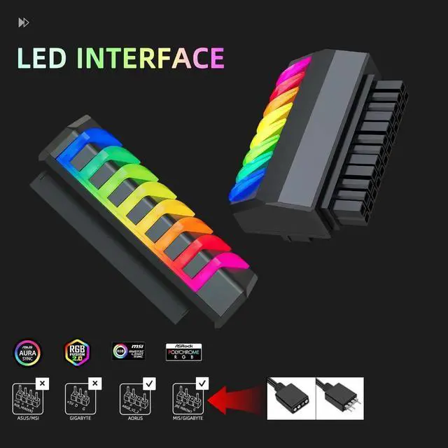 Alt view image 6 of 7 - WRIARICH 90 Degree ATX 24Pin Right Angle Power Adapter with 5V 3Pin RGB Port, Female to Male Motherboard PSU Connector, Black
