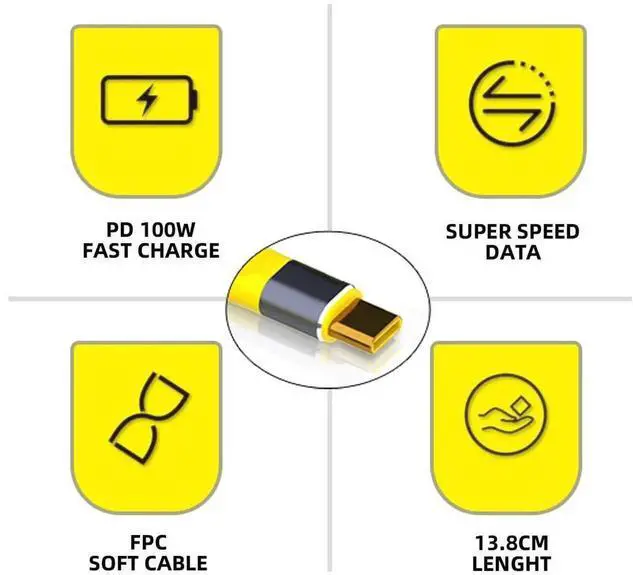 Alt view image 3 of 7 - WRIARICH 13cm Yellow Slim Flat FPC USB4 Type-C Male to Male Cable | 40Gbps,100W PD,8K Video for Laptop & Smartphone