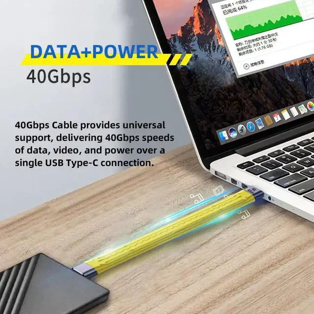 Alt view image 4 of 7 - WRIARICH 13cm Yellow Slim Flat FPC USB4 Type-C Male to Male Cable | 40Gbps,100W PD,8K Video for Laptop & Smartphone