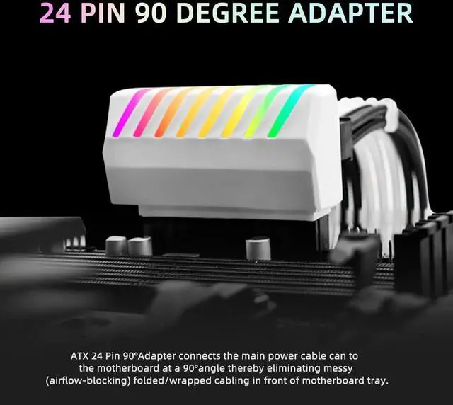 Alt view image 3 of 7 - WRIARICH 90 Degree Right Angle ATX 24Pin Power Adapter with 5V 3Pin RGB Header, ATX Female to Male Motherboard PSU Connector, White
