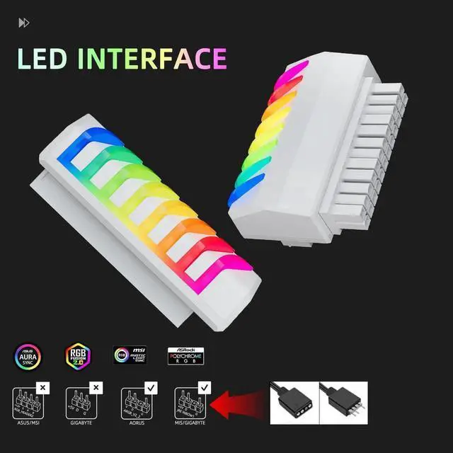 Alt view image 4 of 7 - WRIARICH 90 Degree Right Angle ATX 24Pin Power Adapter with 5V 3Pin RGB Header, ATX Female to Male Motherboard PSU Connector, White