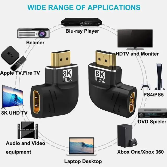 Alt view image 2 of 7 - WRIARICH 4 Pack Left & Right 90°/270° HDMI 2.1 Male to Female Adapter, Gold-Plated 8K@60Hz 4K@120Hz HDR eARC HDMI Extender for PC Laptop HDTV Switch PS4 PS5