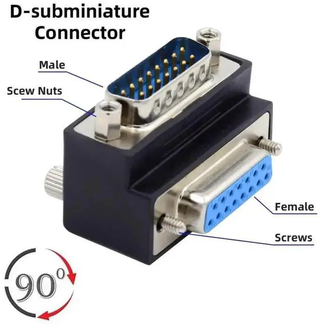 Alt view image 2 of 6 - WRIARICH 90 Degree Down Angled DB15 Male to Female D-SUB Coupler, 15Pin RS232 Serial Right Angle Extension Adapter