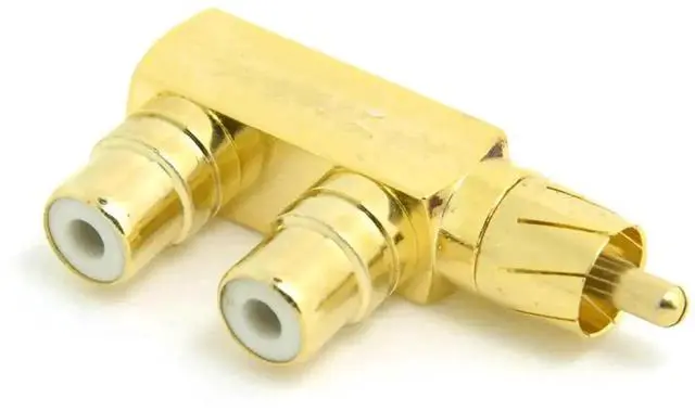 Main image of WRIARICH 90 Degree Gold Plated RCA Y Splitter Adapter, 1 RCA Male to 2 RCA Female Angled AV Audio Connector