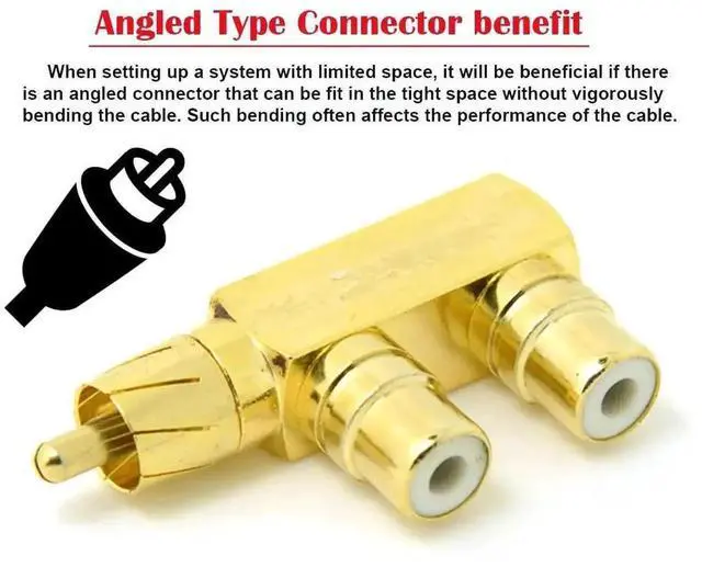 Alt view image 3 of 7 - WRIARICH 90 Degree Gold Plated RCA Y Splitter Adapter, 1 RCA Male to 2 RCA Female Angled AV Audio Connector