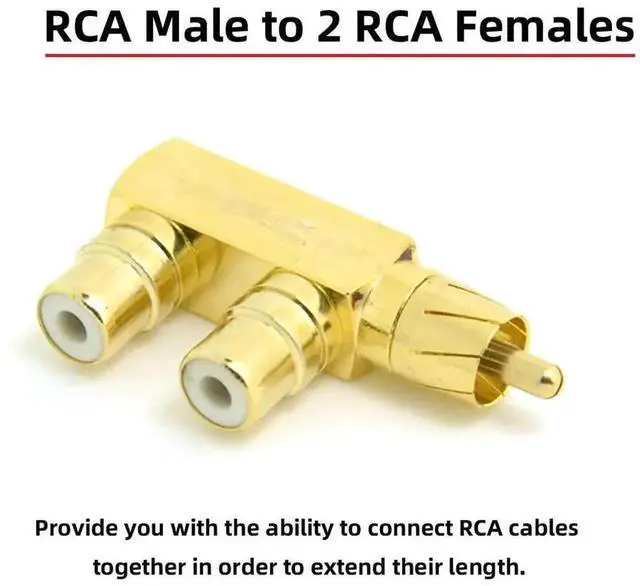 Alt view image 4 of 7 - WRIARICH 90 Degree Gold Plated RCA Y Splitter Adapter, 1 RCA Male to 2 RCA Female Angled AV Audio Connector