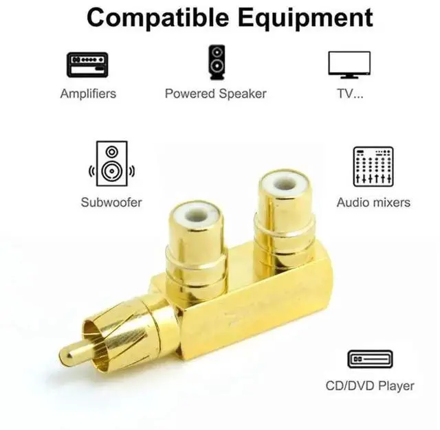 Alt view image 7 of 7 - WRIARICH 90 Degree Gold Plated RCA Y Splitter Adapter, 1 RCA Male to 2 RCA Female Angled AV Audio Connector