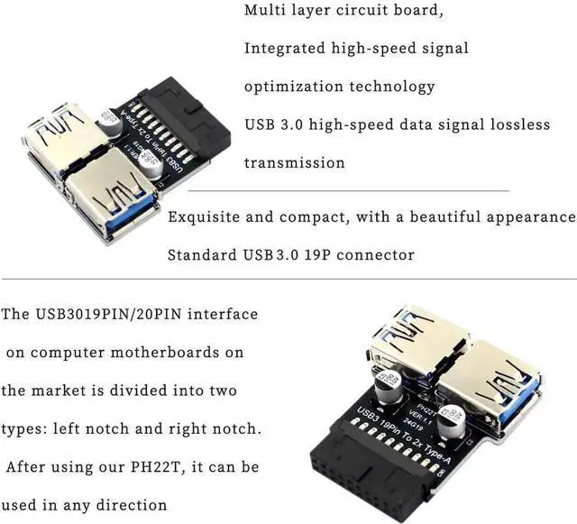 Alt view image 4 of 7 - WRIARICH PH22T USB 3.0/3.1 Adapter, 19P/20P Motherboard Header to Dual USB-A Female for PC Front Panel