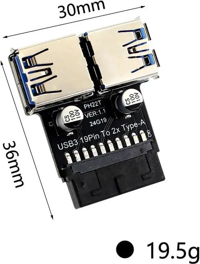 Alt view image 2 of 7 - WRIARICH PH22T USB 3.0/3.1 Adapter, 19P/20P Motherboard Header to Dual USB-A Female for PC Front Panel