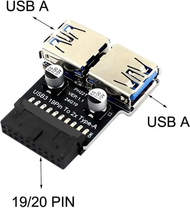 Alt view image 6 of 7 - WRIARICH PH22T USB 3.0/3.1 Adapter, 19P/20P Motherboard Header to Dual USB-A Female for PC Front Panel