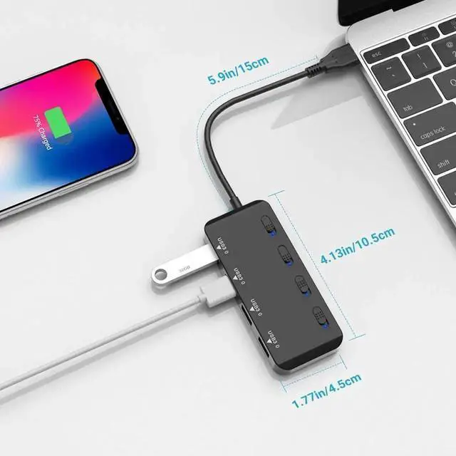 Alt view image 3 of 6 - WRIARICH 4 Port USB 3.0 Hub with Independent LED Power Switches, Ultra Slim USB Splitter Extension Compatible with PC, MacBook, Mac Pro/Mini, iMac, Surface Pro, USB Flash Drives