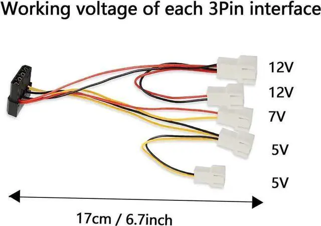 Alt view image 4 of 7 - WRIARICH 4-Pin Molex Pass-Through to 5×3-Pin Fan Splitter Cable, Adjustable 12V/7V/5V Output for PC Case & CPU Cooling Fans