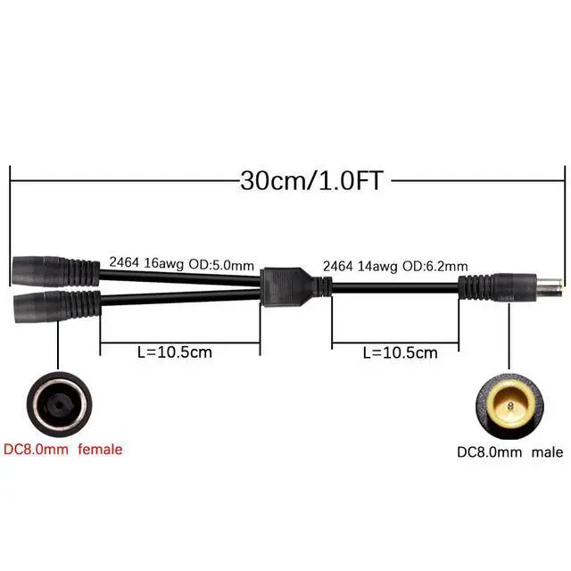 Alt view image 3 of 7 - DC7909 Y Splitter Cable, DC 8mm 1 Male to 2 Female 14AWG Heavy Duty Power Cord, DC7.9x0.9mm Y Adapter for Solar Panel, Solar Generator, Portable Power Station, Solar Power Bank, Black 30CM(1FT)