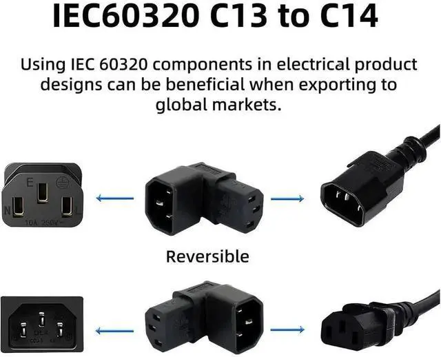 Alt view image 3 of 7 - WRIARICH 90-Degree Up Angled IEC320 C14 Male to C13 Female Power Adapter, 10A 250V Right Angle Turning Connector for PC, Monitor, PDU, Printer