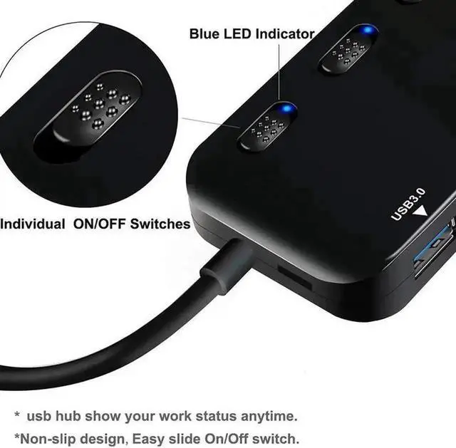 Alt view image 3 of 7 - 4 Port Powered USB 3.0 Hub Splitter, Black Ultra Slim USB Expander with Independent Power Switches & LED Indicators, Compatible with MacBook Air, Laptop, iMac, PC, USB Flash Drives & External Hard Dri