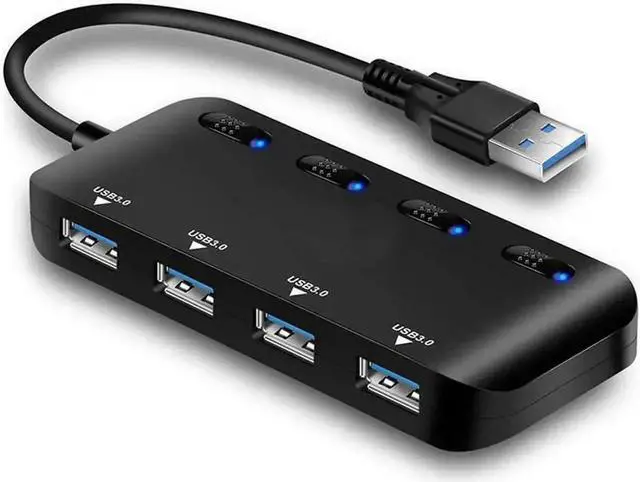 Main image of 4 Port Powered USB 3.0 Hub Splitter, Black Ultra Slim USB Expander with Independent Power Switches & LED Indicators, Compatible with MacBook Air, Laptop, iMac, PC, USB Flash Drives & External Hard Dri