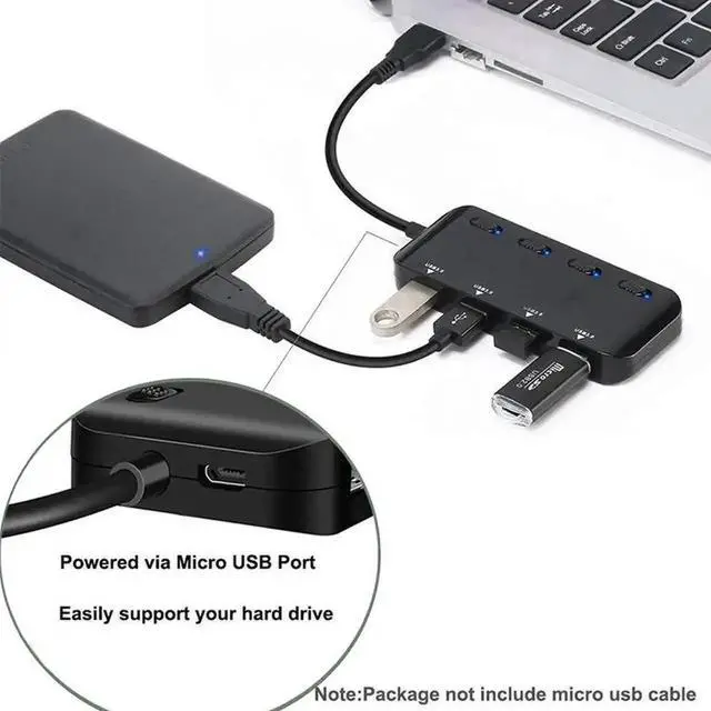 Alt view image 4 of 7 - 4 Port Powered USB 3.0 Hub Splitter, Black Ultra Slim USB Expander with Independent Power Switches & LED Indicators, Compatible with MacBook Air, Laptop, iMac, PC, USB Flash Drives & External Hard Dri