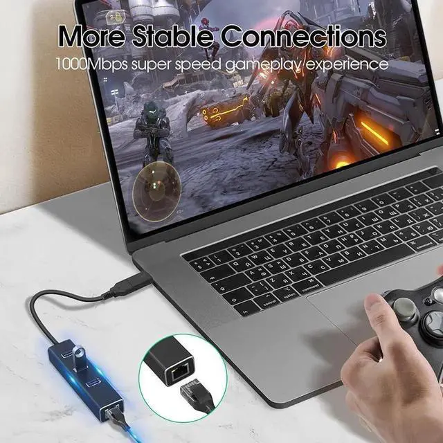 Alt view image 6 of 7 - WRIARICH 4-in-1 Aluminum USB 3.0 Hub with 3 USB 3.0 Ports + 1000Mbps Gigabit RJ45 Ethernet Adapter, Multi-Port USB Splitter Expander Dongle for Laptops & Desktops