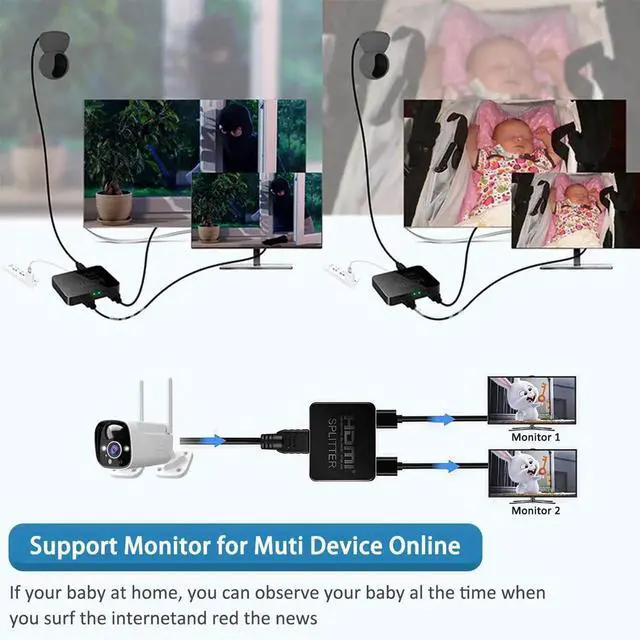 Alt view image 5 of 7 - WRIARICH 1 in 2 Out HDMI Splitter with 5FT HDMI Cable, 4K UHD Mirror Display Splitter Duplicates Single Source to Two Monitors Simultaneously