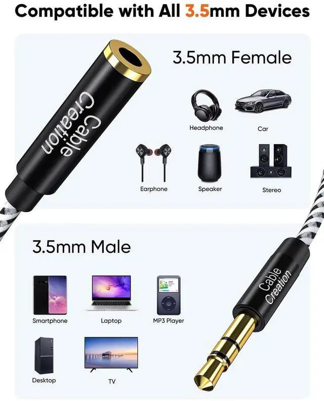 Alt view image 6 of 7 - WRIARICH 6FT/1.8M 3.5mm Male to Female Stereo AUX Headphone Extension Cable, Slim Soft Aux Extender Cord with Gold Plated Connectors, Black & White Available