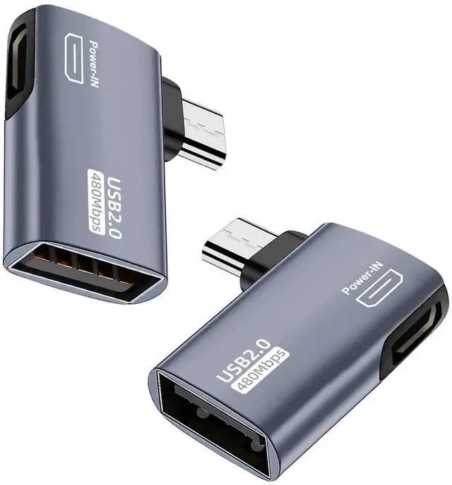 Main image of WRIARICH 2 Pack 90 Degree Left & Right Angle Powered Micro USB OTG Adapter, Grey Micro USB Male to USB A Female OTG Connector for Fire TV Stick 4K, Android Phones, Micro USB Tablets & Host Devices