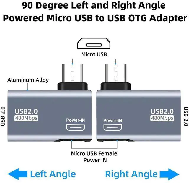 Alt view image 2 of 6 - WRIARICH 2 Pack 90 Degree Left & Right Angle Powered Micro USB OTG Adapter, Grey Micro USB Male to USB A Female OTG Connector for Fire TV Stick 4K, Android Phones, Micro USB Tablets & Host Devices