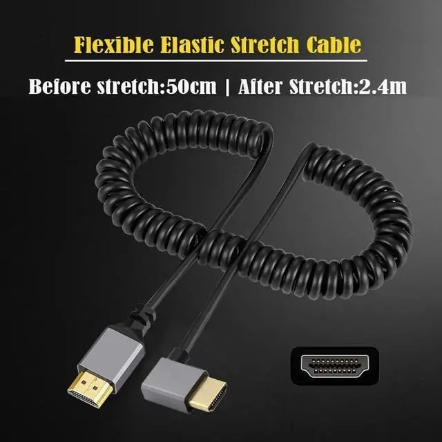 Alt view image 7 of 7 - WRIARICH Left 90 Degree Coiled Stretchable HDMI 2.0 Male to Male Cable, 4K@60Hz Retractable Cord for HDTV, PC, Laptop & Monitor