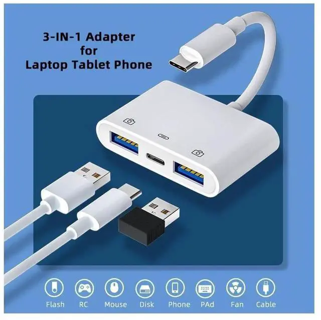 Alt view image 2 of 7 - WRIARICH USB-C to Dual USB 3.0 Type-A Female Adapter with PD Charging Port for Laptop, Tablet & Phone
