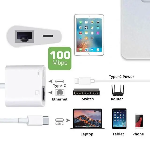 Alt view image 3 of 7 - WRIARICH 2-in-1 USB-C to RJ45 Ethernet Adapter with PD Charging, 100Mbps Wired Network Converter Supports Data & Power Pass-Through for Laptops, Tablets, Smartphones