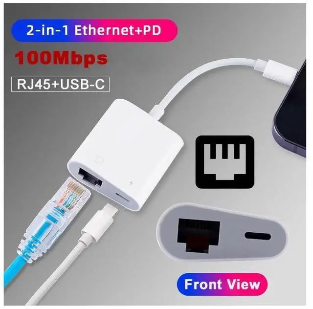 Alt view image 5 of 7 - WRIARICH 2-in-1 USB-C to RJ45 Ethernet Adapter with PD Charging, 100Mbps Wired Network Converter Supports Data & Power Pass-Through for Laptops, Tablets, Smartphones