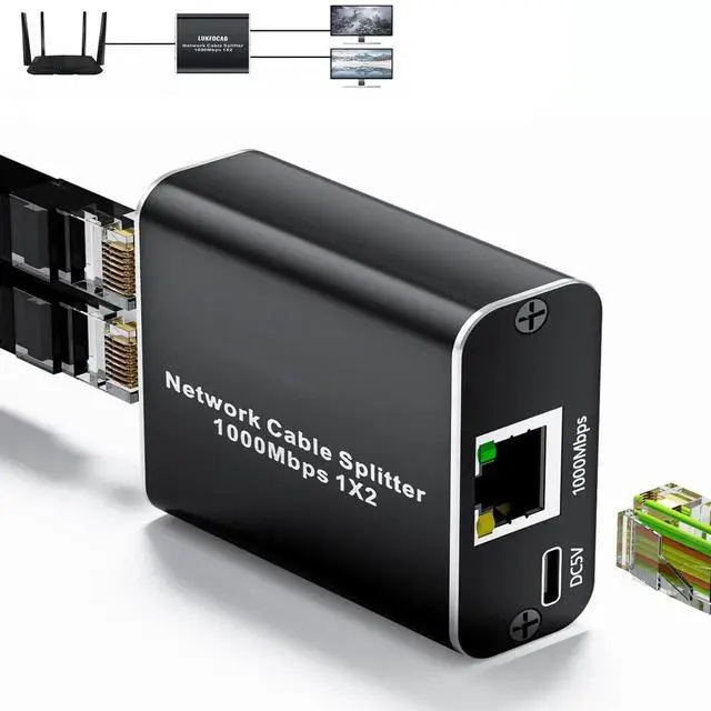 Main image of 1 to 2 Port Gigabit Ethernet Splitter, 1000Mbps RJ45 LAN Splitter with USB Power Cable, Supports 2 Devices Online Simultaneously, Plug and Play, Compatible with Cat5/Cat5e/Cat6/Cat7/Cat8 Ethernet Cabl