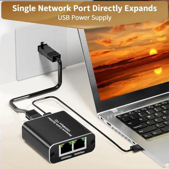 Alt view image 2 of 6 - 1 to 2 Port Gigabit Ethernet Splitter, 1000Mbps RJ45 LAN Splitter with USB Power Cable, Supports 2 Devices Online Simultaneously, Plug and Play, Compatible with Cat5/Cat5e/Cat6/Cat7/Cat8 Ethernet Cabl