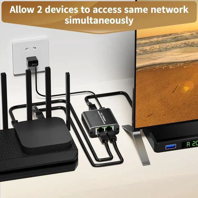 Alt view image 4 of 6 - 1 to 2 Port Gigabit Ethernet Splitter, 1000Mbps RJ45 LAN Splitter with USB Power Cable, Supports 2 Devices Online Simultaneously, Plug and Play, Compatible with Cat5/Cat5e/Cat6/Cat7/Cat8 Ethernet Cabl