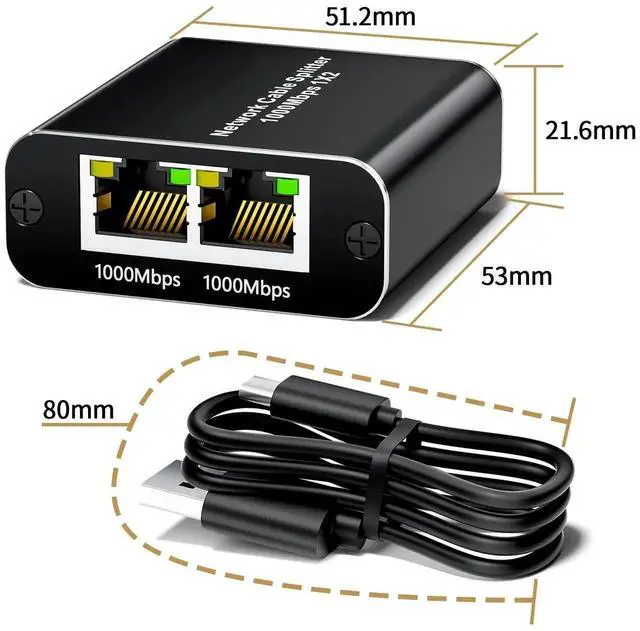 Alt view image 5 of 6 - 1 to 2 Port Gigabit Ethernet Splitter, 1000Mbps RJ45 LAN Splitter with USB Power Cable, Supports 2 Devices Online Simultaneously, Plug and Play, Compatible with Cat5/Cat5e/Cat6/Cat7/Cat8 Ethernet Cabl