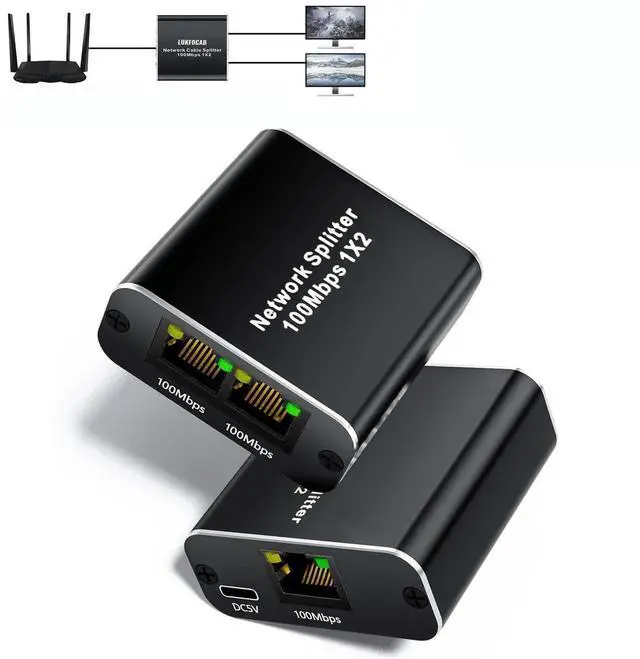 Main image of WRIARICH 100Mbps RJ45 Ethernet Splitter 1 to 2 Port, LAN Network Splitter Supports 2 Devices Online Simultaneously with USB Power Cord, Compatible with Cat5 Cat5E Cat6 Cat7 Cat8 Ethernet Cables