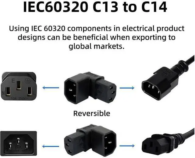 Alt view image 2 of 7 - WRIARICH 2 Pack 90 Degree Angled IEC C14 Male to C13 Female Power Extension Adapter, 10A 250V for PC, Monitor, PDU, Printer