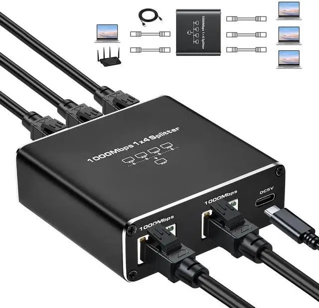 Main image of WRIARICH 1 to 4 Port Gigabit Ethernet Splitter, 1000Mbps RJ45 LAN Splitter Supports 4 Devices Simultaneous Connection, USB Powered Network Splitter Compatible with Cat5/5e/6/7/8 Ethernet Cables
