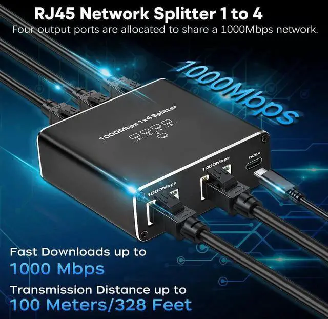 Alt view image 3 of 7 - WRIARICH 1 to 4 Port Gigabit Ethernet Splitter, 1000Mbps RJ45 LAN Splitter Supports 4 Devices Simultaneous Connection, USB Powered Network Splitter Compatible with Cat5/5e/6/7/8 Ethernet Cables
