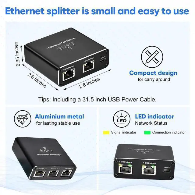 Alt view image 7 of 7 - WRIARICH 1 to 4 Port Gigabit Ethernet Splitter, 1000Mbps RJ45 LAN Splitter Supports 4 Devices Simultaneous Connection, USB Powered Network Splitter Compatible with Cat5/5e/6/7/8 Ethernet Cables