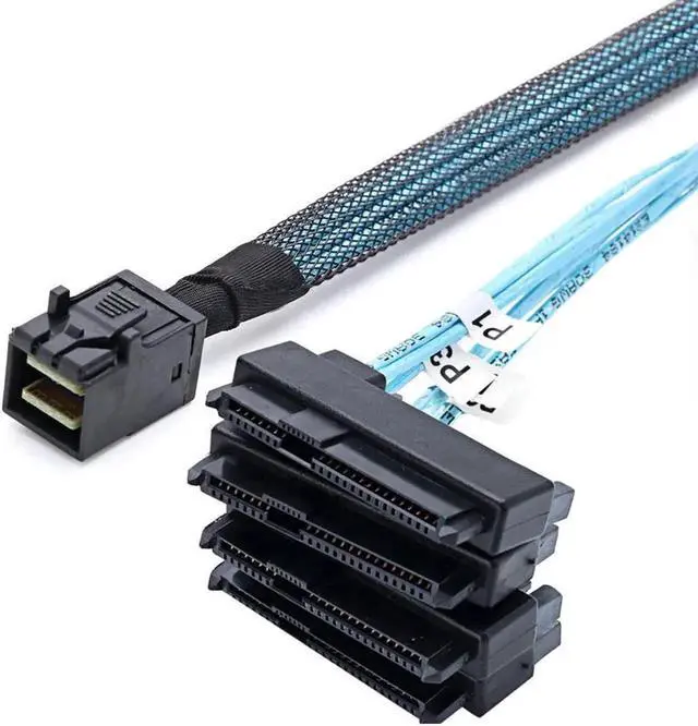 Alt view image 4 of 5 - WRIARICH 1.6FT Internal HD Mini SAS SFF-8643 to 4×SFF-8482 Breakout Cable, SFF8643 Host to 29Pin SFF8482 Target Cord with Integrated 15Pin SATA Power Port